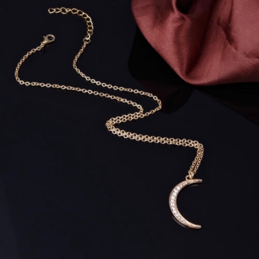 Gold Crescent Moon Necklace W/ Pretty Rhinestones - Picture 2 of 6